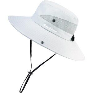 Unisex White Polyester Wide Brim Mesh Vent With Chin Strap Classic Cowboy Hat
